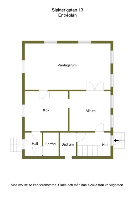 Planritning av Slakterigatan 13 entréplan med markerade rum som vardagsrum, kök, förråd och badrum.