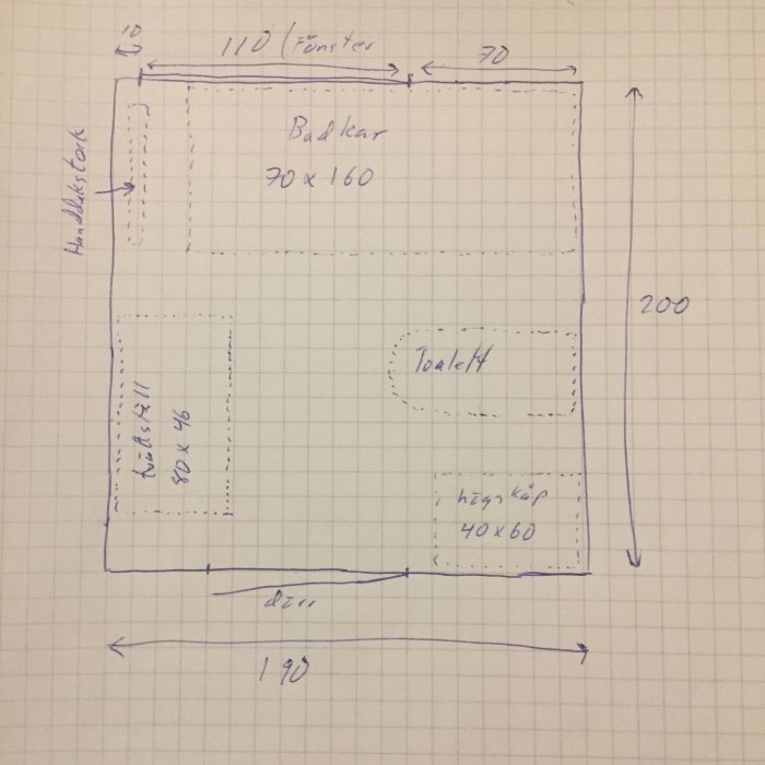 Handritad skiss av ett badrumsplan med mått, inkluderande badkar, toalett och fönster.