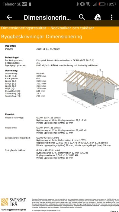 Skärmdump av dimensioneringsresultat för nockbalkar och takåsar från ett svenskt träs dimensioneringsprogram.