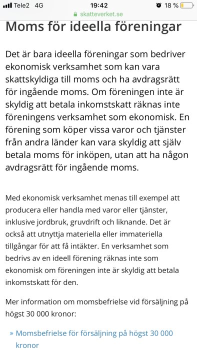 Skärmavbild av artikel om momsregler för ideella föreningar på Skatteverkets hemsida.