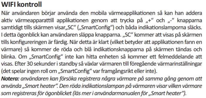 Instruktionsavsnitt om WiFi-kontroll med steg för att lägga till en uppvärmningsenhet i en mobilapplikation.