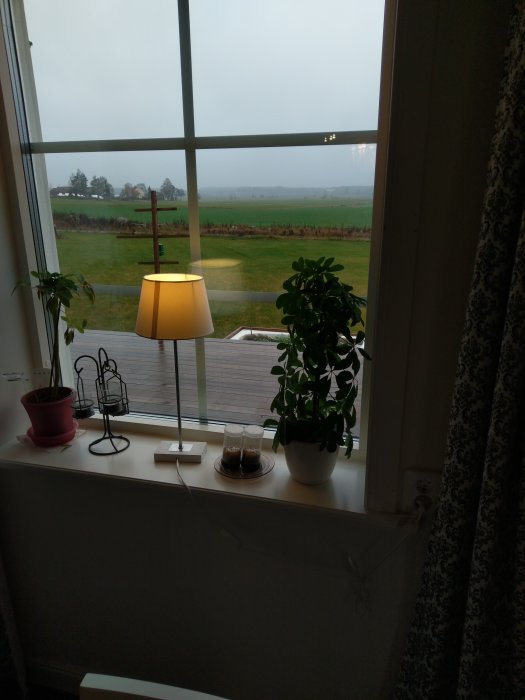 Fönster med utsikt över landskap, gardin åtsides, växt och lampa på fönsterbräda, synligt eluttag.