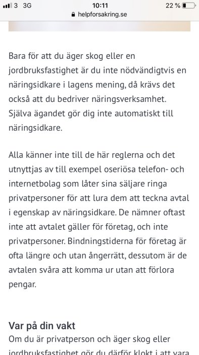 Skärmdump av en text från en diskussionstråd rörande regler för ägare av skog och jordbruksfastigheter.