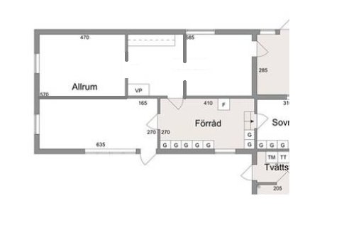 Ritning över en planlösning med allrum, förråd, sovrum och tvättstuga, föreslagen indelning för verkstad.
