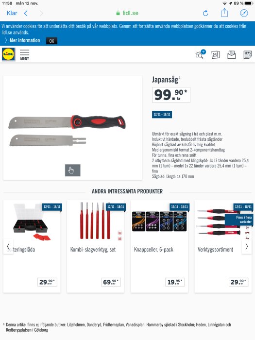 Japansåg med rödsvart handtag och två utbytbara klingor på reklam från lidl.se, prissatt till 99,90 kr.
