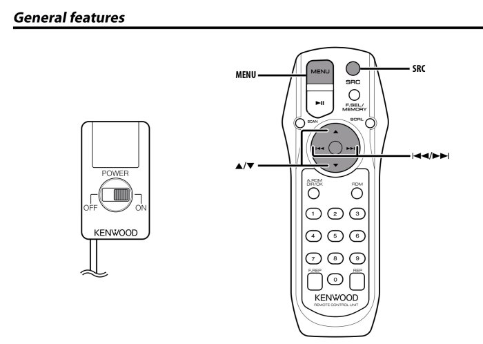 Illustration av Kenwood bilradios fjärrkontroll och separat IR-modul med ON/OFF-switch.