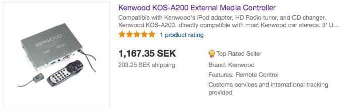 Kenwood KOS-A200 externt mediekontrollsystem med fjärrkontroll och IR-modul, annonserad online.