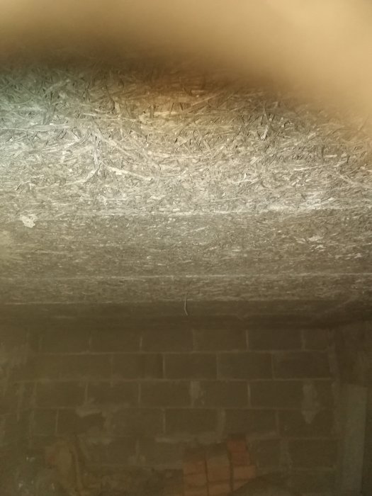 Sprött material i krypgrund som används som trossbotten, synlig mellan träreglar och stenmur.