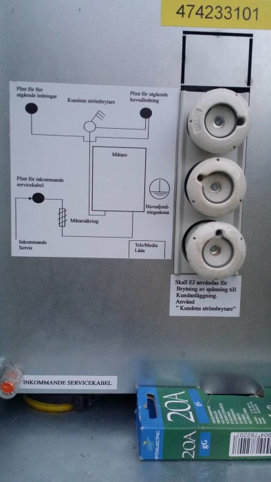 Interiör av ett öppet elskåp som visar ett kopplingsschema, säkringar, en etikett "INKOMMANDE SERVICKABEL" och en låda säkringar.