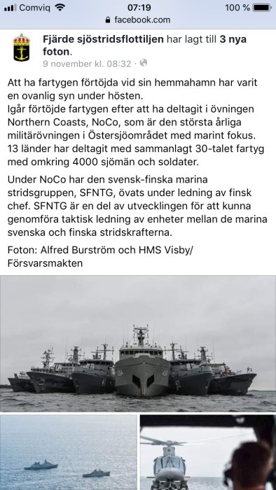 Militärfartyg förtöjda i hamn och helikopter över havet, illustration av svensk-finskt militärsamarbete.