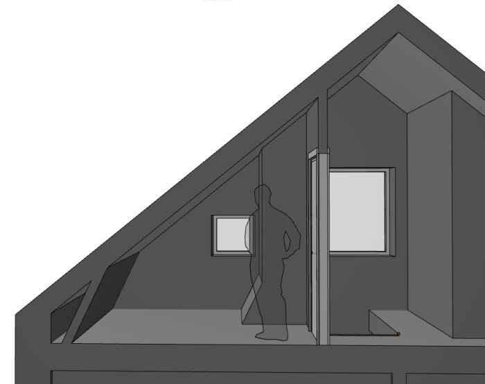 Architectural CAD model rendering of a small attic room with slanted ceilings, tiny window, and silhouette of a person.