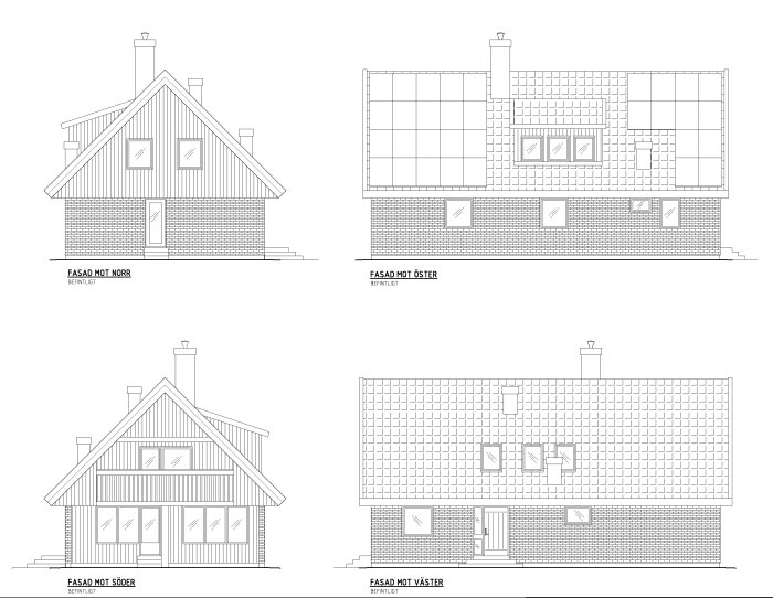 Arkitektritningar av ett hus som visar fasaderna mot norr, söder, öster och väster.