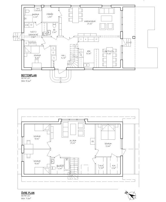 Planritning över två våningar i ett hus, med markerade rum som kök, vardagsrum och sovrum.