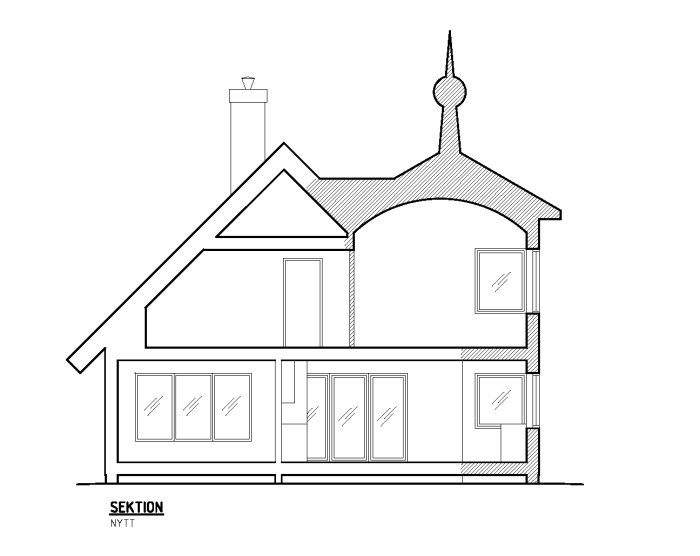 Ritning av hussektion med föreslagen tornliknande utbyggnad och nya fönster.