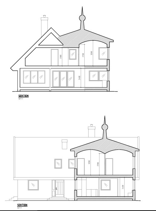 Ritningar som visar sektion och fasad av ett hus med planerad utbyggnad i tornliknande stil.