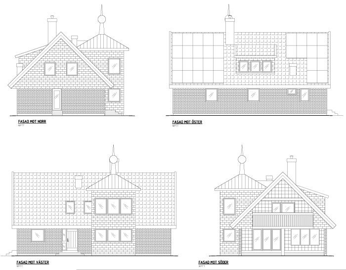Ritningar som visar fyra fasadvyer av ett planerat attefallshus med tornliknande utbyggnad.