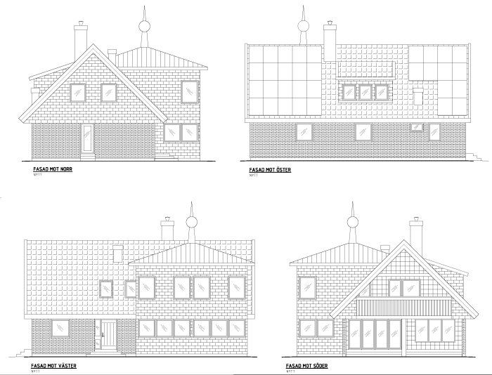 Ritningar över ett 70-talshus från fyra olika väderstreck före renovering och utbyggnad.