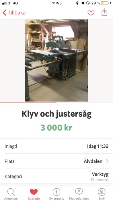 Klyv- och justersåg i verkstadsmiljö annonserad för försäljning.