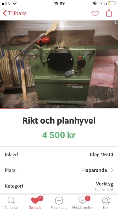 En grön rikt och planhyvel märkt "SWEDEN" med priset 4 500 kr, till försäljning.