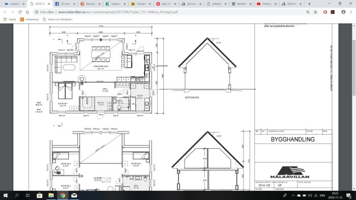 Ritningar av ett hus från Mälarvillan inklusive planlösning och sektioner.