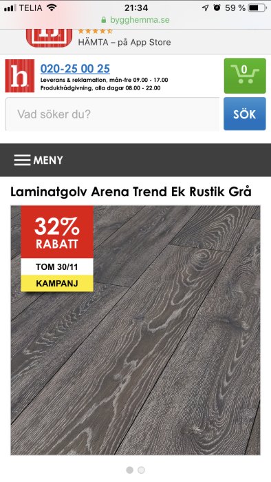 Skärmbild av webbsida som visar ett erbjudande för laminatgolv Arena Trend Ek Rustik Grå med 32% rabatt.