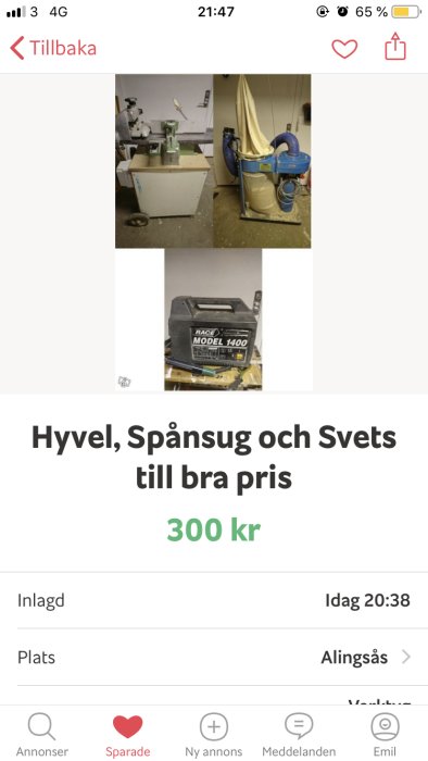 En hyvel och spånsug i ett garage och en svets för försäljning på en annonssida.