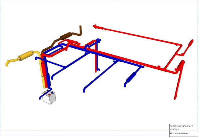 3D-ritning av ventilationssystem med aggregat, flexibla dämpare och fasta rördragningar.