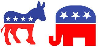 Logotyper för USA:s demokratiska parti (åsna) och republikanska parti (elefant).