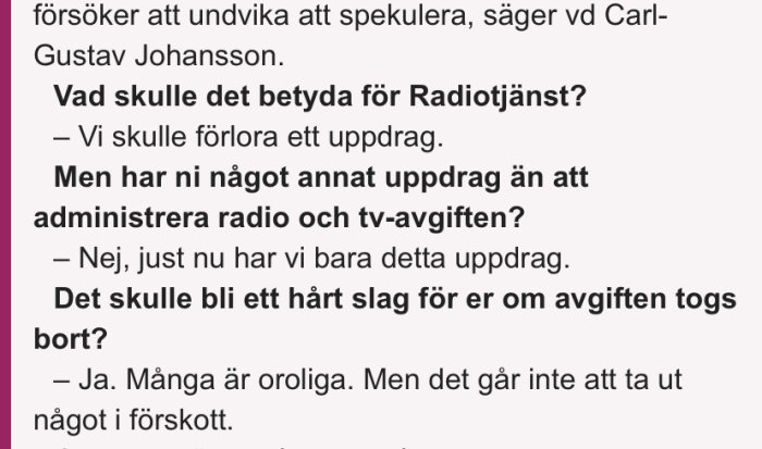 Skärmbild av en textkonversation om Radiotjänsts enda uppdrag och oron vid eventuell borttagning av radio- och tv-avgiften.