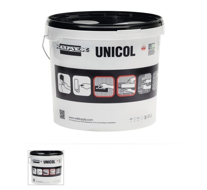 Hink med UNICOL lim för väggapplikationer, instruktioner och bilder på etiketten.