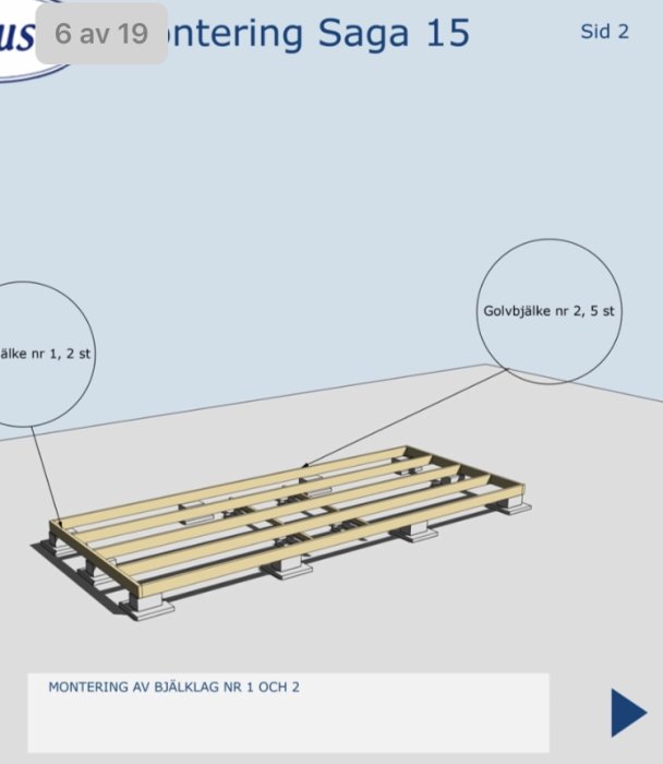 3D-ritning av montering av golvbjälklag för byggprojekt, sidan 2 av instruktionen.