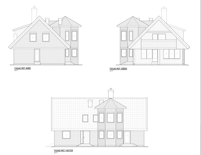 Arkitektritningar av ett hus med olika fasadvyer, inklusive ett åttkantigt torn.