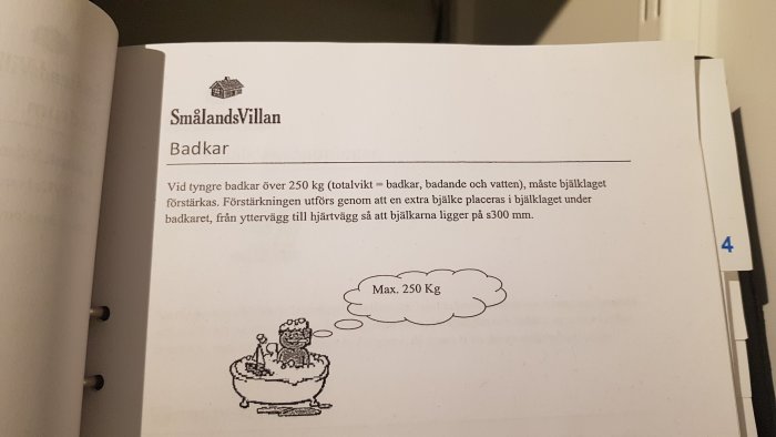 Manual för förstärkning av bjälklag för badkar med indikation på maxvikt 250 kg från Smålandsvillan.