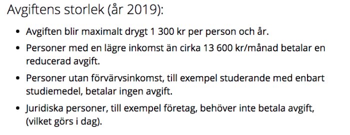 Textdokument som beskriver storleken på en avgift, reducerad avgift baserat på inkomst och avgiftsbefrielser.