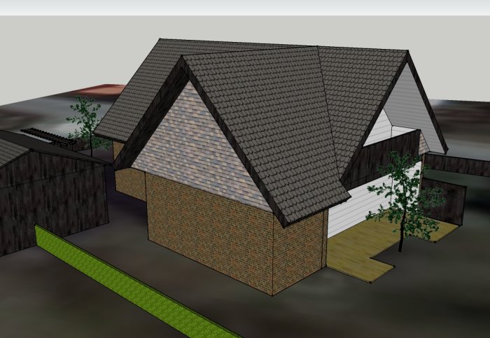 3D-modell av ett enplanshus med inredd vind, sadeltak och tegelfasad, möjlig planenlig variant för bygglov.