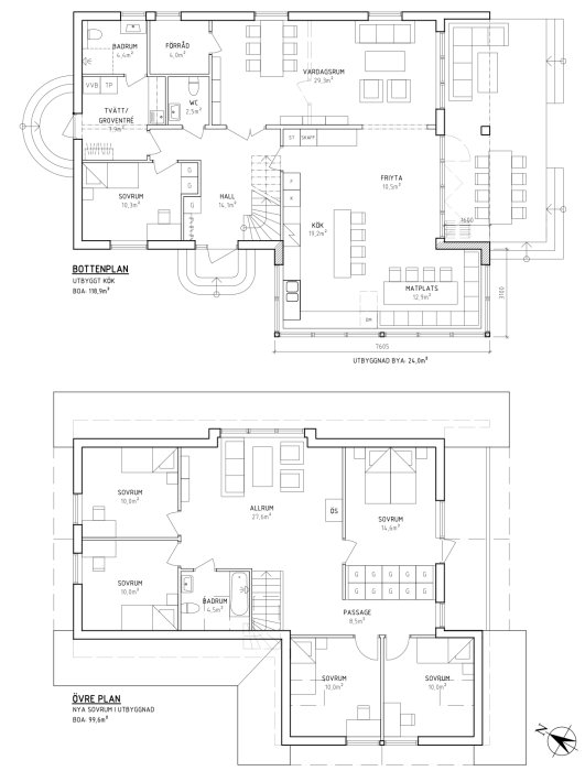 Ritning av tvåvåningshus med bottenvåningen och övre plan, inklusive mått och rumsbeteckningar.