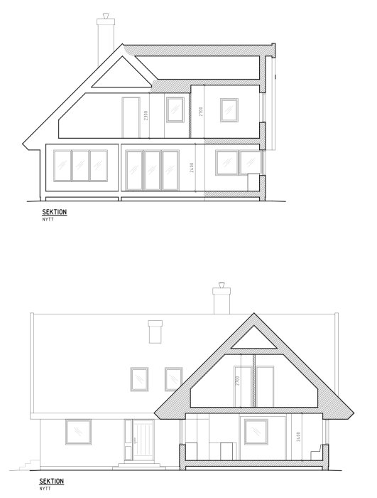 Arkitektoniska sektionsritningar av en husmodell med sadeltak, visande exteriör och inredd vind.