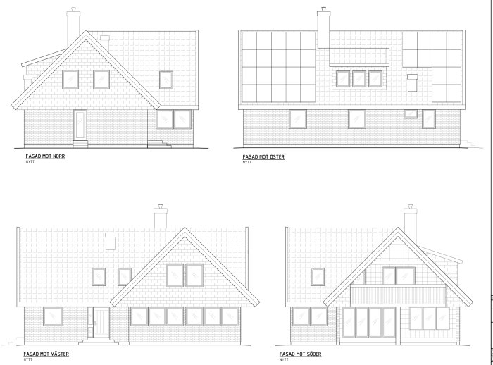 Arkitektritningar av ett hus med sadeltak från fyra olika fasader: norr, öster, väster och söder.