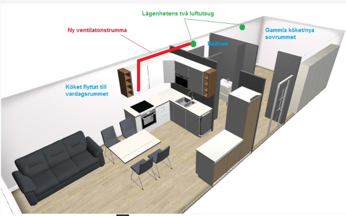 3D-visualisering av lägenhetsombyggnad med köket flyttat till vardagsrummet och ventilationsväg markerad.