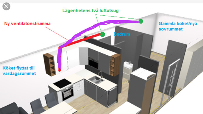 3D-ritning av lägenhetslayout med markerade köks- och badrumsventilationer samt flyttat kök.