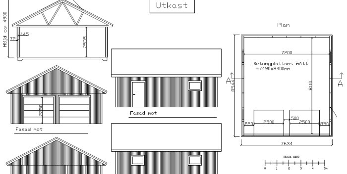 Ritningar för ett garage med mått och layout, inkluderar planvy och fasadvyer.