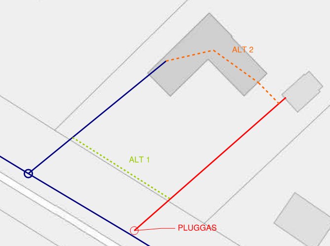 Diagram över tomt med befintliga och föreslagna vattenledningar i olika färger för huvudbyggnad och gästhus.