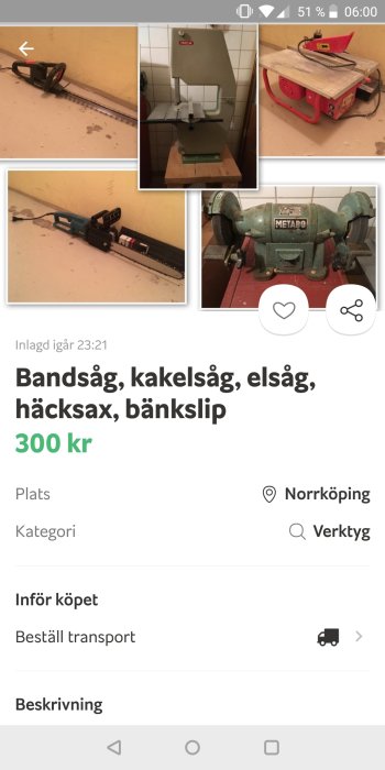 En INCA bandsåg och andra verktyg som kakelsåg och bänkslip till salu för 300 kronor.