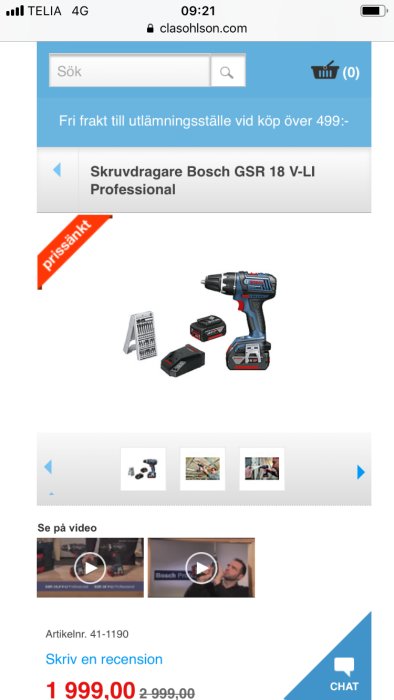 Bosch GSR 18 V-LI Professional skruvdragare med två batterier, laddare och bitssats på Clas Ohlson webbsida.