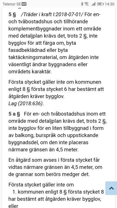 Skärmdump av en text som diskuterar byggnadsregler för renovering i bostadsområden enligt svensk lag.