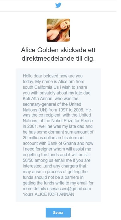 Skärmdump av Twitter-meddelande från en bedragare som påstår sig vara Alice Kofi Annan.