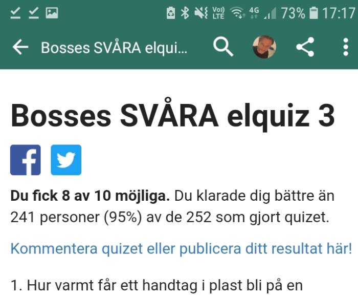 Skärmdump av resultat på ett quiz, "Bosse SVÅRA elquiz 3", med poängen 8 av 10.