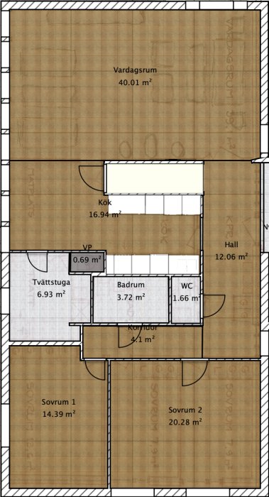 Ritning av ett hem med markerade ytor för vardagsrum, kök, hall och korridor som är planerade för nytt golv.