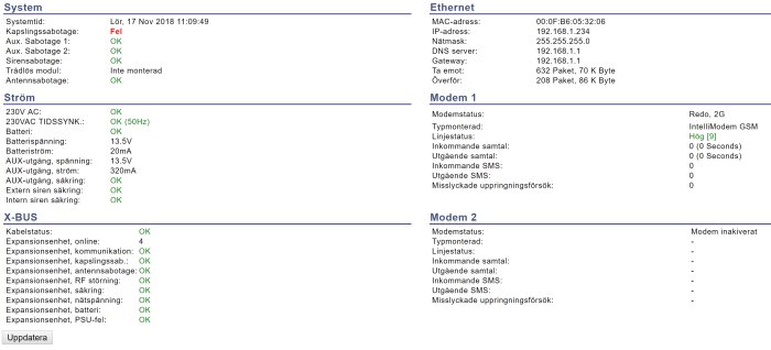 Skärmdump av systemstatus med felmeddelanden och tekniska specifikationer för en säkerhetscentral.