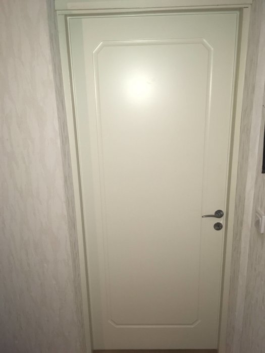 Vit innerdörr med spegel och kromhandtag monterad i ljus vägg, sökes för matchande installation.